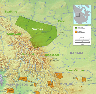 Karte mit dem Stammesgebiet der
                              Sarcee-Prim�rnation (gr�n, auch Tsuu
                              T'ina, Sarsi, Tsu T'ina) und dem heutigen
                              "Reservat" (orange, bei
                              Calgary)