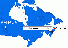 Karte von
                  Kanada mit den Positionen von Shubenacadie und
                  Eskasoni im Bundesstaat Nueva Scotland (NS)