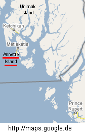 Karte mit Annette Island mit der
                            Tsimshian-Siedlung Metlakatla