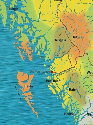 Karte
                                      von NW-Kanada mit den
                                      Prim�rnationen Tsimshian, Nisga'a,
                                      Gitxsan (Gitskan?) und Haida, mit
                                      den Fl�ssen Nass River und Skeena
                                      River und Prince Rupert. Annette
                                      Island f�r die Tsimshian hat die
                                      falsche Farbe.