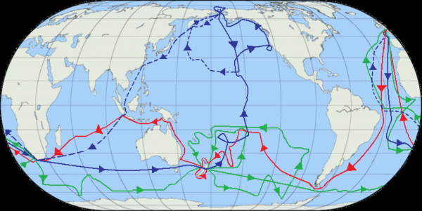 Karte der 3 Expeditionen von
                          Captain Cook im Pazifik: erste Reise in Rot,
                          zweite Reise in Gr�n, dritte Reise in Blau,
                          und blau gestrichelt die Route der
                          heimkehrenden Crew nach dem Tod von Cook auf
                          Tahiti.