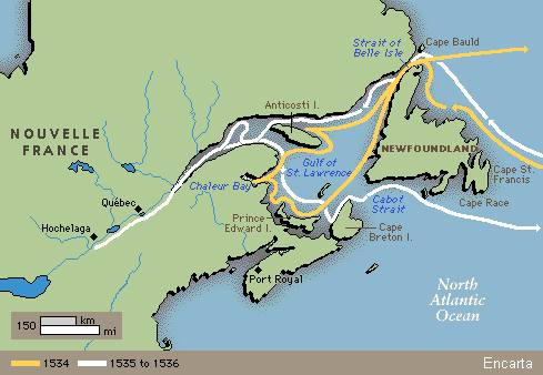 Karte der Expeditionen von Jacques
                          Cartier im heutigen Kanada