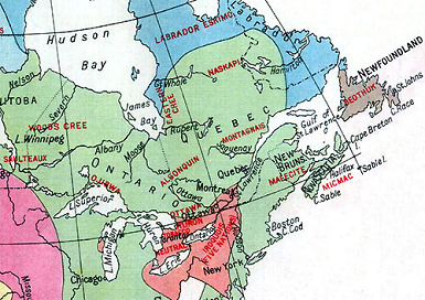 Karte der Prim�rsprachen in Ostkanada
                              mit den Naskapi ganz oben, ausserdemmit
                              den Woods Cree, Eastern Cree, Saulteaux,
                              Ojibwa, Algonquin, Montagnais, Ottawa,
                              Huron, Tobacco, Neutral, Iroquois (5
                              Nationen), Malecite, Micmac und Beothuk,
                              sowie die Labrador Eskimos
