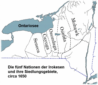 Karte mit der Angabe der
                            Irokesen-Nationen Seneca, Cayuga, Onondaga,
                            Oneida und Mohawk