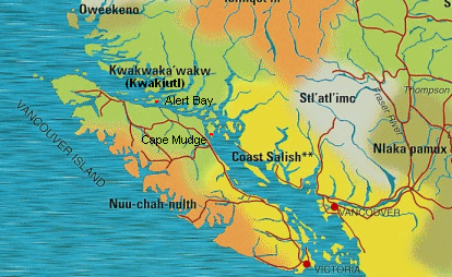 Karte der
                  Vancouver-Insel ("Vancouver Island") mit
                  Cape Mudge und Alert Bay