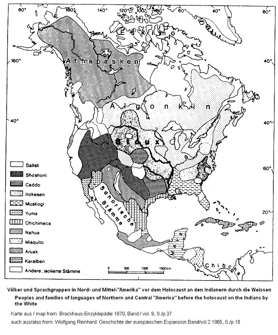 Karte der Sprachgruppen der Prim�rnationen in Nord- und
          Mittel-"Amerika" vor 1492 / map with native language
          groups in North and Central "America" before 1492