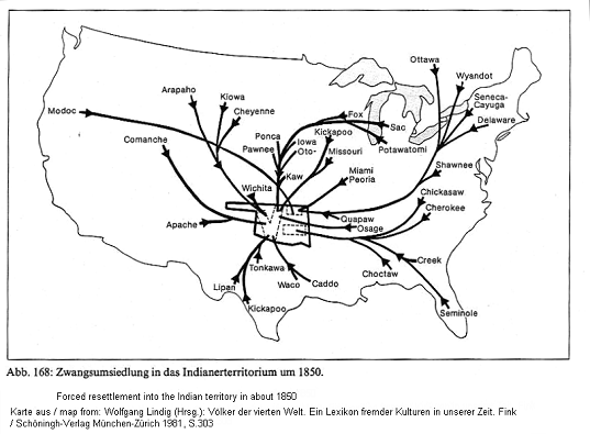 Karte der Deportation der Prim�rnationen
          Nord-"Amerikas" in ein zentrales
          "Reservat" (Freiluft-KZ) 1850 / map with deportation
          of primary nations (natives) of North "America" in a
          central "reservation" (open air concentration camp)
          in 1850