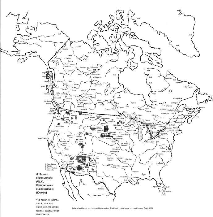 Karte mit den "Reservationen" f�r
          Prim�rnationen in Nord-"Amerika" von 1999 / map with
          the "reservations" for primary nations in North
          "America" of 1999