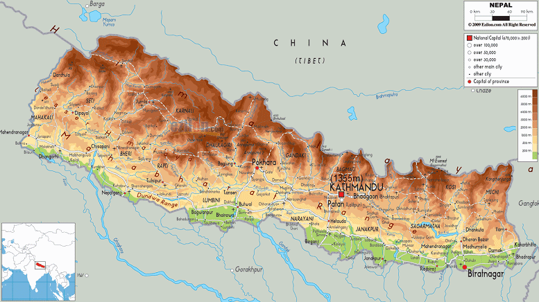 Karte von
                      Nepal mit Kathmandu auf 1355 Meter �ber Meer und
                      den Bergen mit bis zu 6-7000 Meter H�he