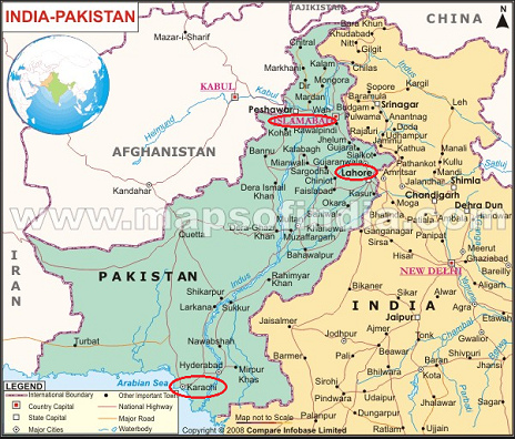 Karte Pakistans mit den St�dten
              Lahore, Islamabad und Karachi