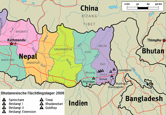 Karte mit
                      Bhutan und Nepal mit den Fl�chtlingslagern im
                      �stlichen Nepal