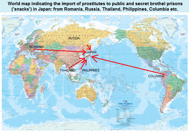 World map indicating the import
              of prostitutes to brothels and secret brothel prisons
              ('snacks') in Japan: from Romania, Russia, Thailand, the
              Philippines, Columbia etc.