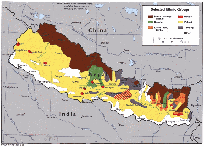 Map of Nepal indicating some ethnic
groups: Bhotia, Sherpa, Thakali, Gurung, Kiranti,
Rai, Limbu, Newari, Pahari, and Tamang Map of Nepal indicating
some ethnic groups: Bhotia, Sherpa, Thakali,
Gurung, Kiranti, Rai, Limbu, Newari, Pahari, and
Tamang