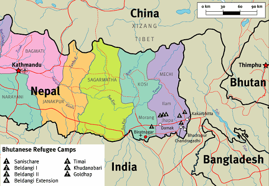 Map of Bhutan and Nepal
with the refugee camps in eastern Nepal Map of
Bhutan and Nepal with the refugee camps in
eastern Nepal