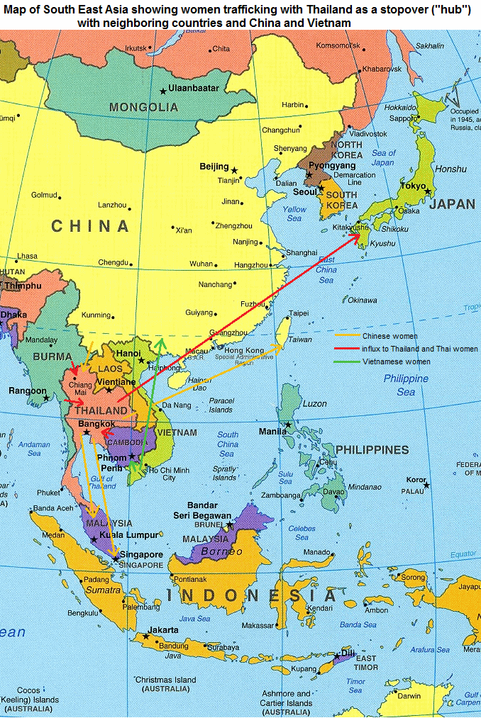Map of South East Asia
                        showing women trafficking with Thailand as a hub
                        with it's neighbor states and China and Vietnam