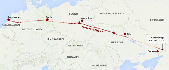 Flugroute von
                MH17 von Amsterdam nach Rassypnoje bei Donezk in der
                Ukraine, 17.7.2014