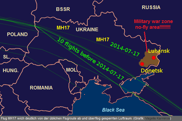 Karte mit der Flugroute von Flug
              MH17, MH17 landet im Sperrgebiet der Kriegszone von
              Donezk