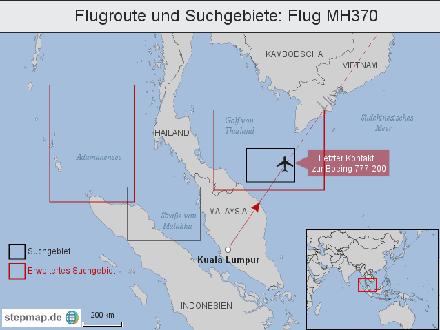 Karte mit der Flugroute von MH370 mit der Boeing
              777 von Kuala Lumpur nach Peking ber Vietnam mit der
              Stelle des letzten Funkkontakts