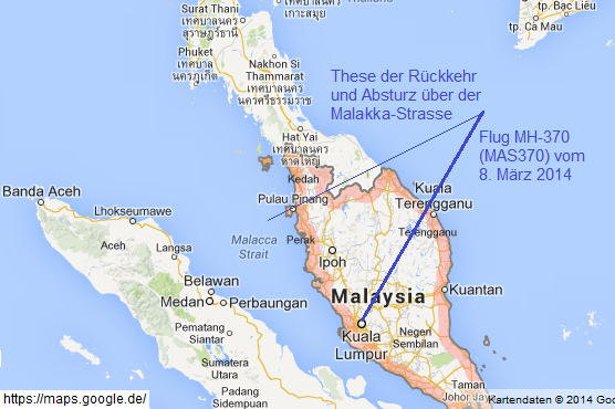 Karte mit dem Flug
                      MH-370 vom 8. Mrz 2014 mit der These der Umkehr
                      und einem Absturz ber der Malakka-Strasse