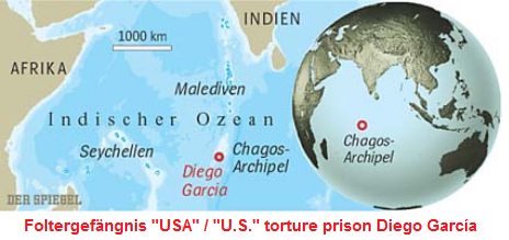 Karte mit der "US"-Gefangeneninsel Diego
              Garcia im s�dlichen, Indischen Ozean