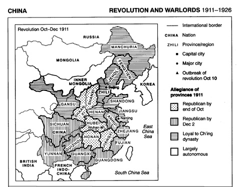 Karte
                  China: Republikanische gegen kaisertreue Provinzen
                  nach der Revolution 1911