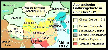 Karte: China
                1912: Einflusssphren F, GB, D, Japan und Russland