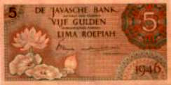 Banknote �ber 5 Gulden von
                  Niederl�ndisch-Indien, 1946.