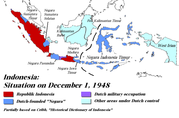 Indonesien: Karte Dezember 1948 ; Negara Sumatera
                  Timur, Negara Sumatera Selatan, Negara Pasundan,
                  Negara Madura, Negara Jawa Timur, Negara INdonesia
                  Timur, West Irian, Neu Guinea , New Guinee ; D.I.
                  Kalimantan Barat, Fed. Kalimantan Timur ; Indonesia
                  Holland Niederlande Netherland Nederland Pays Bas ;
                  Kolonialismus colonialismo colonialism colonialisme ;
                  Unabh�ngigkeitskrieg, war of independence ; map mapa
                  karta terkep t�rk�p carte
