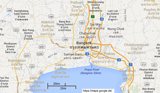Map: The distance between the sea
                            shore and Bangkok is 20 km air line and 30
                            km river's line of Praya River - it cannot
                            flow upwards!