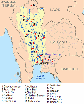 Karte: Die Region Bangkok mit dem Praya-Fluss
                      und dem Bang-Bakong-Fluss - die Monsunregen in der
                      Region im Umkreis von 200 bis 300 km werden dann
                      auch nicht mehr abfliessen knnen