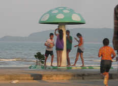 อาบน้ำในรูปแบบของเห็ดบนชายหาดในปากน้ำในพื้นที่ของจังหวัดชุมพรใน
                      ประเทศไทย