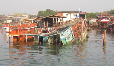 Gesunkene Fischerbote
                        in Sd-Thailand im Hafen von Wat Pak Nam 01