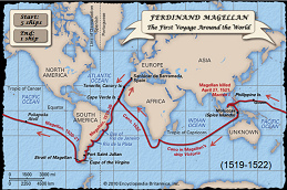 Die Karte mit der
                          Weltumrundung der Flotte von Magellan
                          1519-1522