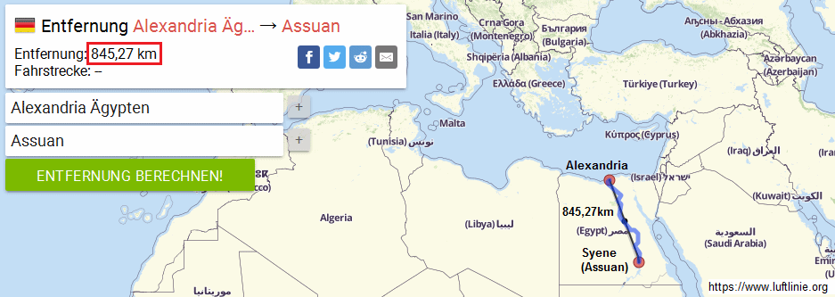 Karte mit der
Entfernung zwischen Alexandria und Assuan Karte mit der Entfernung
zwischen Alexandria und Assuan