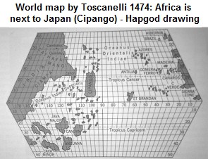 Karte des Atlantiks von Toscanelli mit Cipango
                (Japan) neben Afrika (Nachzeichnung von Hapgood)