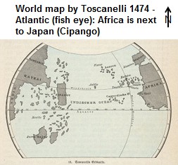 Weltkarte von Toscanelli: Der Atlantik mit Japan
                neben Afrika in Form eines Fischauges