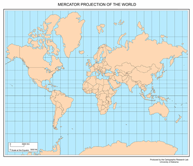 Weltkarte mit
              Mercator-Projektion 03 mit Grnland so gross wie Afrika