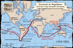 el mapa con el
                          viaje alrededor del mundo de la flota de
                          Magallanes 1519-1522