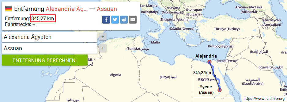 Mapa con la distancia
entre Alejandría y Asuán: 845,27km Mapa con la distancia entre
Alejandría y Asuán: 845,27km