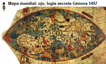Mapa mundial en forma de un ojo, logia secreta de
                Gnova 1457