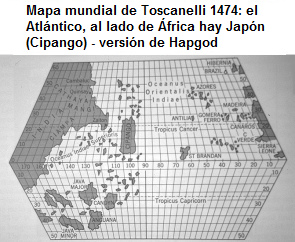 mapa del Atlntico de Toscanelli con Cipango
                (Japn) al lado de frica (dibujo de Hapgood)