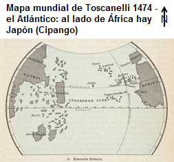 mapa mundial de Toscanelli con el Atlntico con
                Japn (Cipango) al lado de frica en forma de un ojo de
                pez