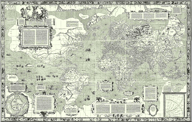 Mapa mundial con la
proyección de Mercator 02 de 1569: La red linear permite
la navegación precisa la primera vez, pero las regiones
polares en el norte y en el sur son demasiado grandes Mapa mundial con la proyección de Mercator 02 de
1569: La red linear permite la navegación precisa la
primera vez, pero las regiones polares en el norte y en
el sur son demasiado grandes