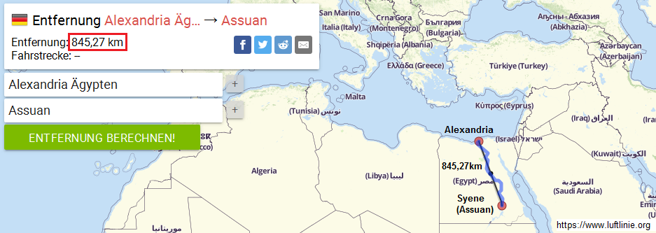 Karte mit der Entfernung
              zwischen Alexandria und Assuan