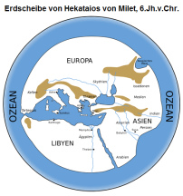 Erdscheibe
6. Jh. v.Chr. von Hekataios von Milet - das
Zentrum ist Milet Erdscheibe 6. Jh. v.Chr. von Hekataios von
Milet - das Zentrum ist Milet