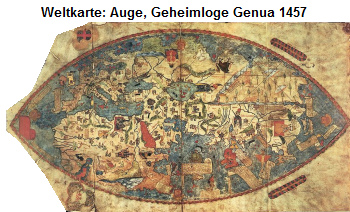 Weltkarte in Form eines Auges, Geheimloge Genua,
                1457