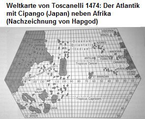Karte des Atlantiks von Toscanelli mit Cipango
                (Japan) neben Afrika (Nachzeichnung von Hapgood)