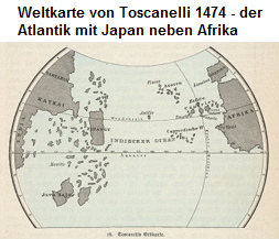 Weltkarte von Toscanelli: Der Atlantik mit Japan
                neben Afrika in Form eines Fischauges