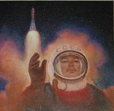 Culto de Gagarin: retrato de fantasa con Yuri
                Gagarin con casco y con aureola...