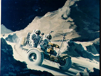 Concepto artstico para Apolo 15, foto de
                        la NASA S71-39868: "mdulo lunar"
                        (Lunar Module LM) y "carro lunar"
                        (Lunar Roving Vehicle LRV) con montaa azul y
                        con cielo azul